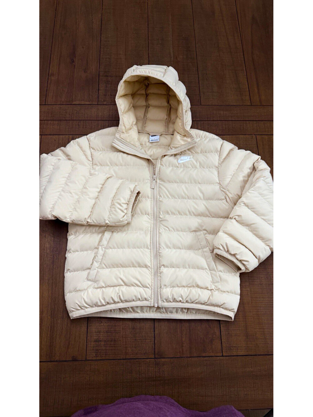 Nike Hooded Puffer Jacket Teens L Beige Short Full Zip Logo Outdoor Casual